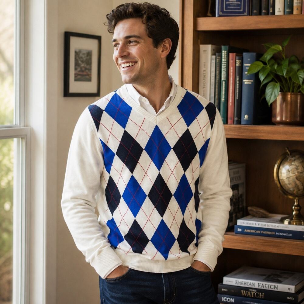 Old Navy Men’s M Argyle Sweater Blue Navy White Red 100% Cotton V Neck Preppy